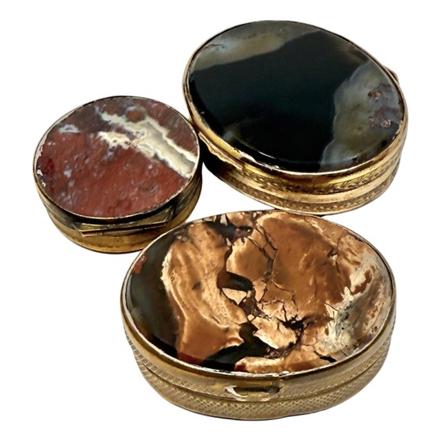 19th Century 3 Victorian Snuff Boxes Gilt Metal and Banded Agate For Sale