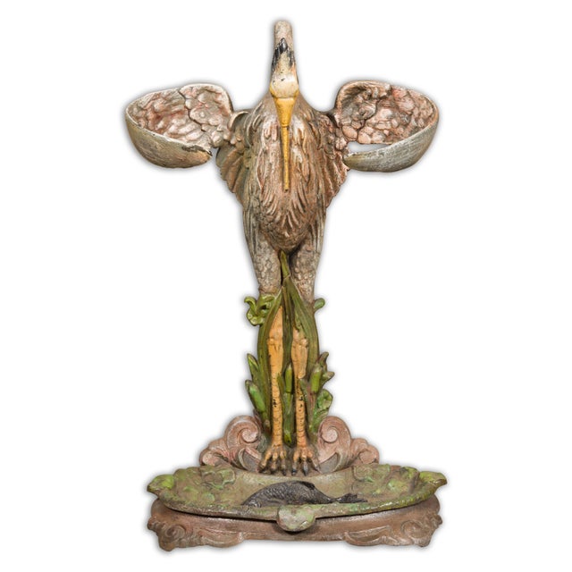 19th Century 19th-Century French Cast Iron Heron Umbrella Stand with Hand-Painted Details For Sale - Image 5 of 12
