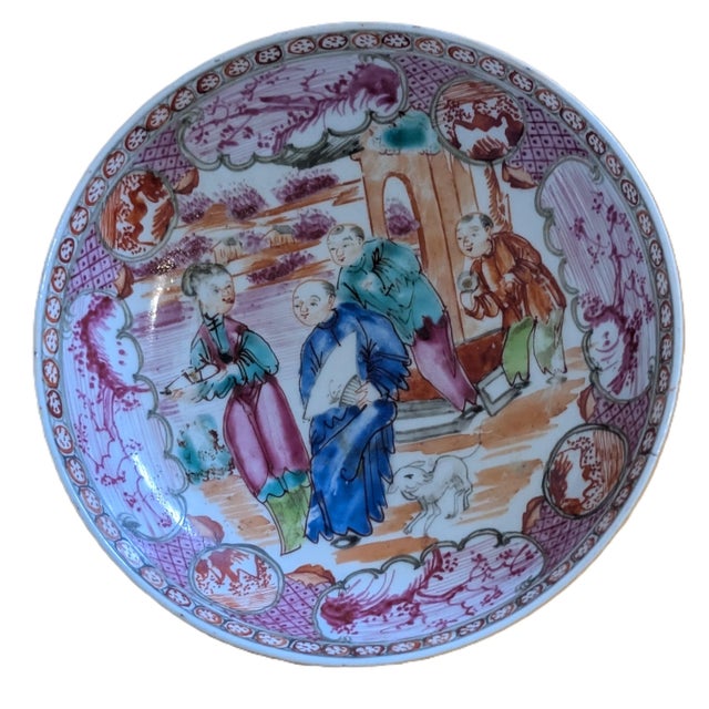 Chinese Antique Chinese Rose Mandarin Figure Porcelain Saucer, Around Qianlong Era For Sale - Image 3 of 10