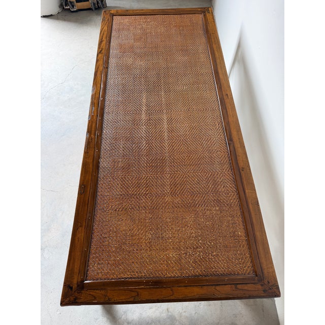 Antique Chinese Carved Wood Rectangular Coffee Table With Inset Rattan Top For Sale - Image 4 of 16