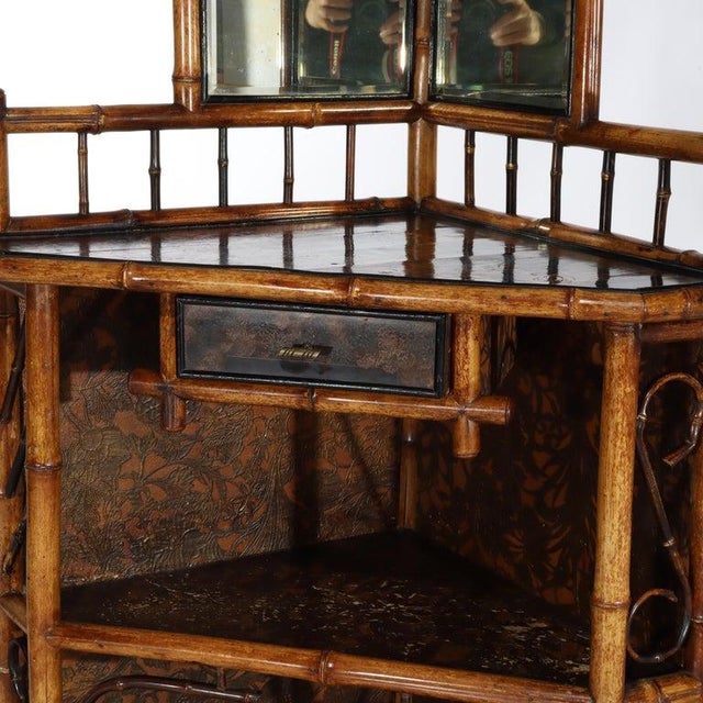 Late 19th Century Antique Asian Bamboo Corner Etagere With Floral Leather Tooling & Mirror C1890 For Sale - Image 5 of 16