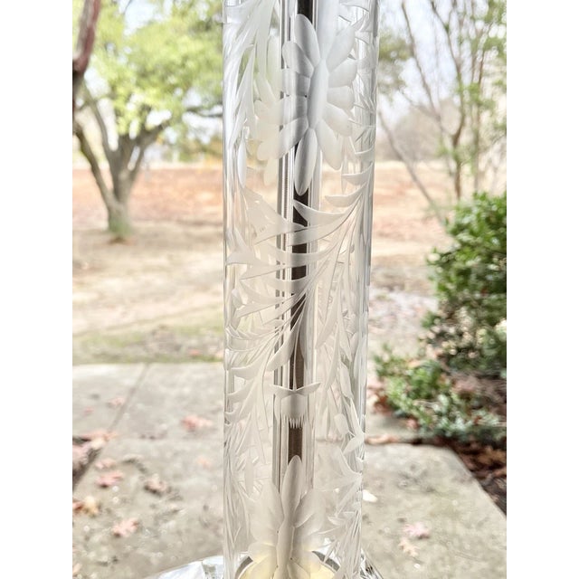 1940s Vintage Etched Cut Floral Flower Glass Cylinder Brass Table Lamp For Sale - Image 4 of 6