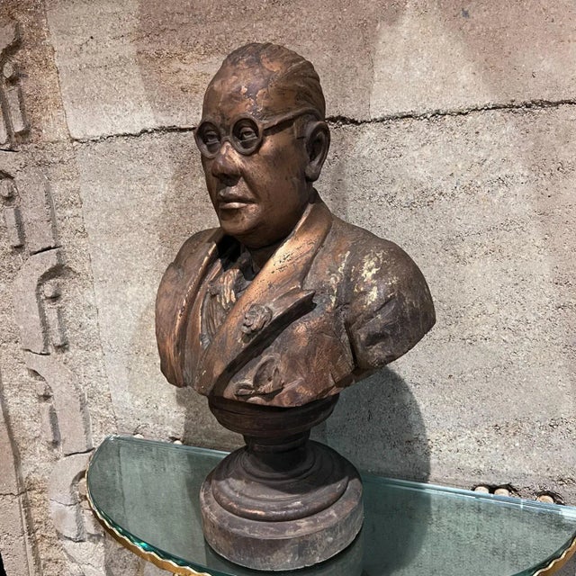 1940s 1943 Hand Carved Wood Bust Refined Bespectacled Gentleman Patinated Gold For Sale - Image 5 of 13