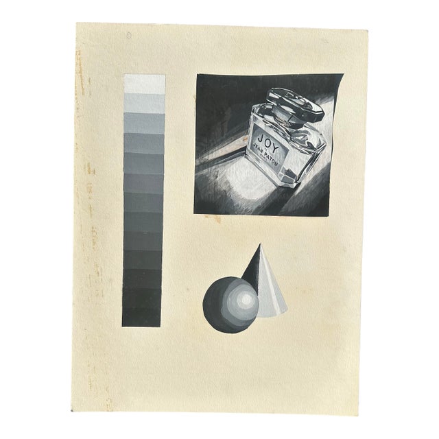 Vintage Black and White Charcoal Perfume Drawing For Sale