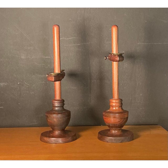 1960s Vintage Mid-Century Modern Scandinavian Adjustable Wooden Candle Holders Brass Inserts- A Pair For Sale - Image 5 of 12