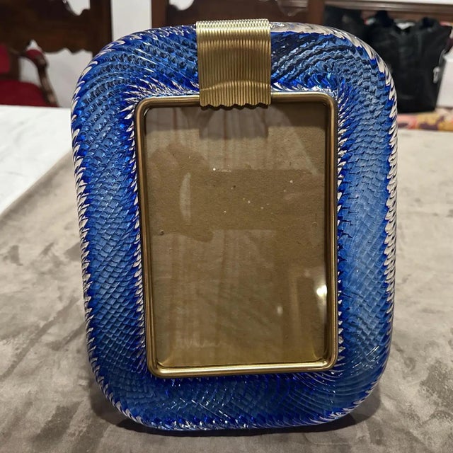 1990s Barovier Style Art Deco Blue Murano Glass and Brass Picture Frame For Sale - Image 10 of 10