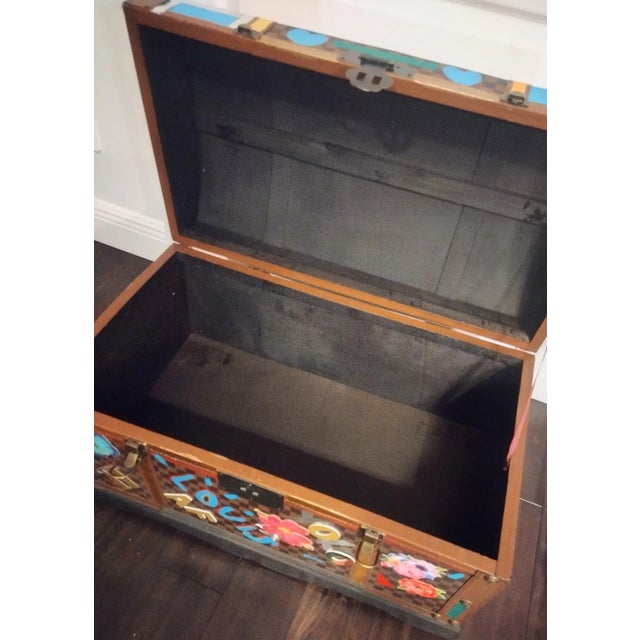 Custom Made One of a Kind Mixed Media Art Covered Faux Leather Checkered Large Storage Trunk Art For Sale - Image 10 of 11