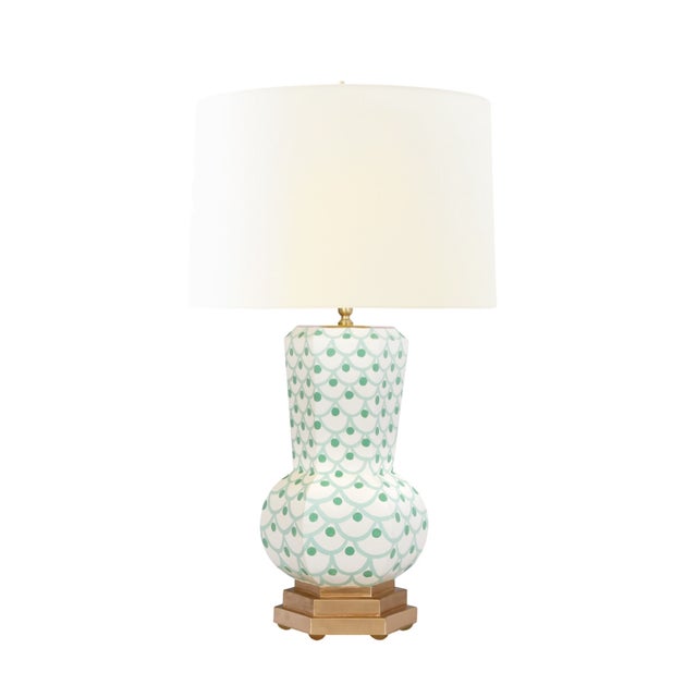 Contemporary Matthew Izzo Home "Catalina Scale" Handpainted Tole Table Lamp With Gold Accents and Cream Silk Shade For Sale - Image 3 of 3