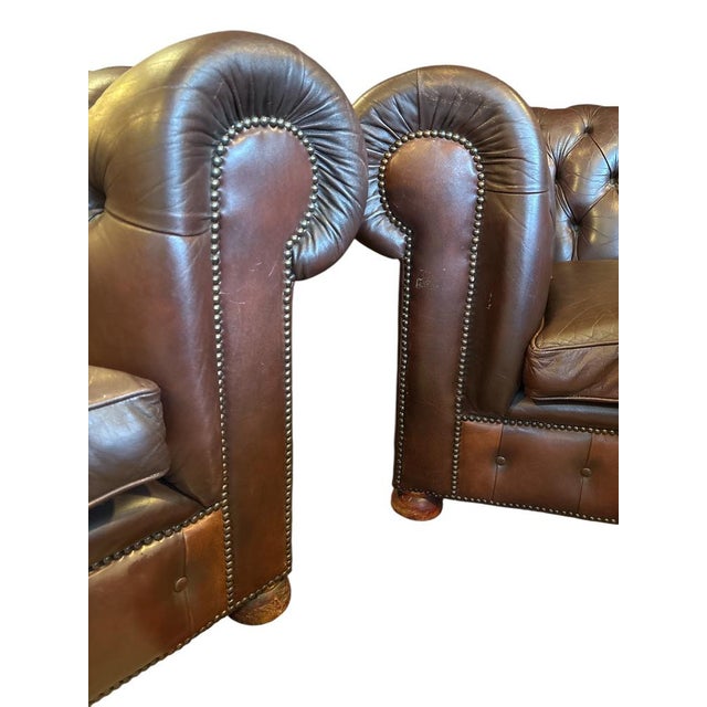 Vintage Chesterfield Armchairs in Brown Leather, Set of 2 For Sale - Image 6 of 11