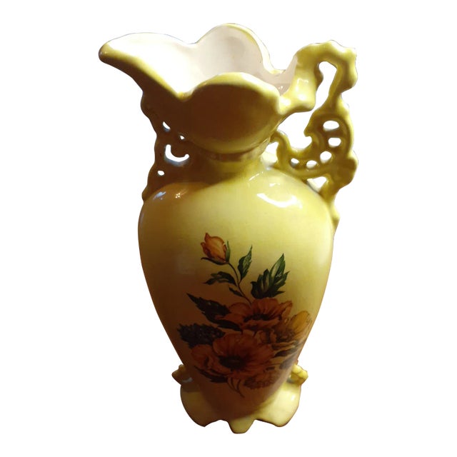 1980s Yellow Floral Majolica Vase Made in Mexico For Sale
