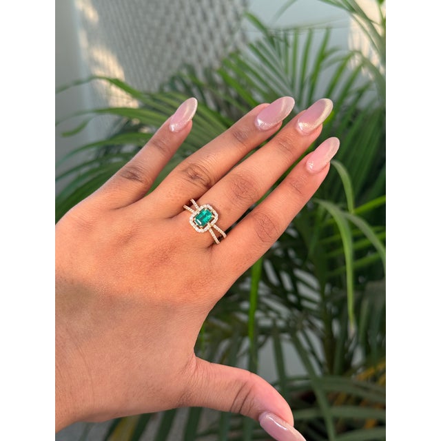 Not Yet Made - Made To Order 1.06ct Emerald Diamond Halo Split Shank Art Deco Ring Size 4 in 14k Yellow Gold For Sale - Image 5 of 15