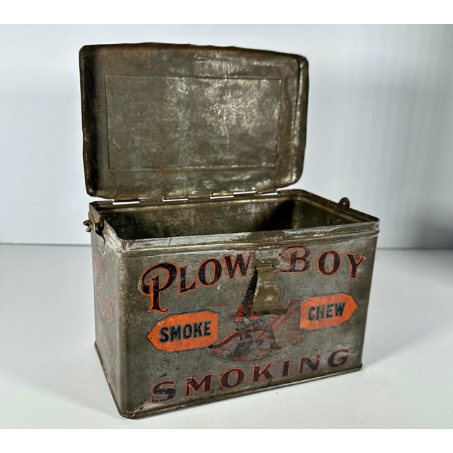 Orange Antique Plow Boy Chewing Smoking Tobacco Lunch Pail Tin For Sale - Image 8 of 10