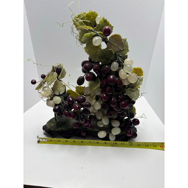 Vintage Chinoiserie Asian Hardstone Grape Vine Sculpture on Carved Wood Base Statement Sculpture For Sale - Image 10 of 12