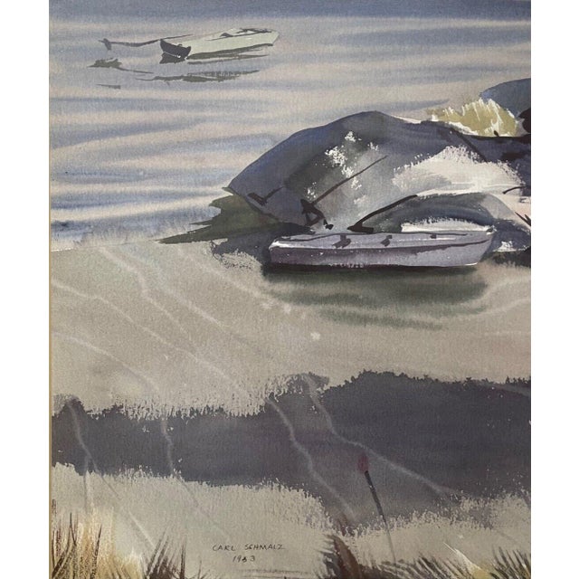 Vintage Carl Schmalz Jr Maine Boat Harbor Modernist Painting - Bowdoin & Amherst For Sale - Image 12 of 12