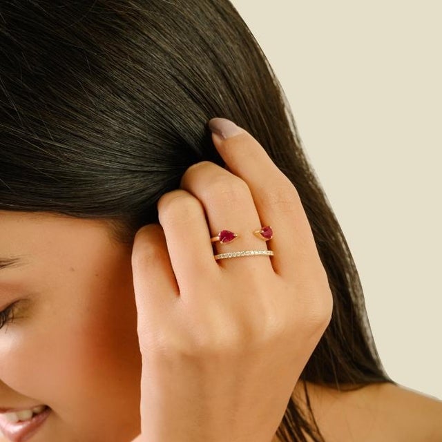 VRJewels Designer Open Ruby Split Band Ring With Diamonds in 14k Yellow Gold Size 5 For Sale In New York - Image 6 of 17