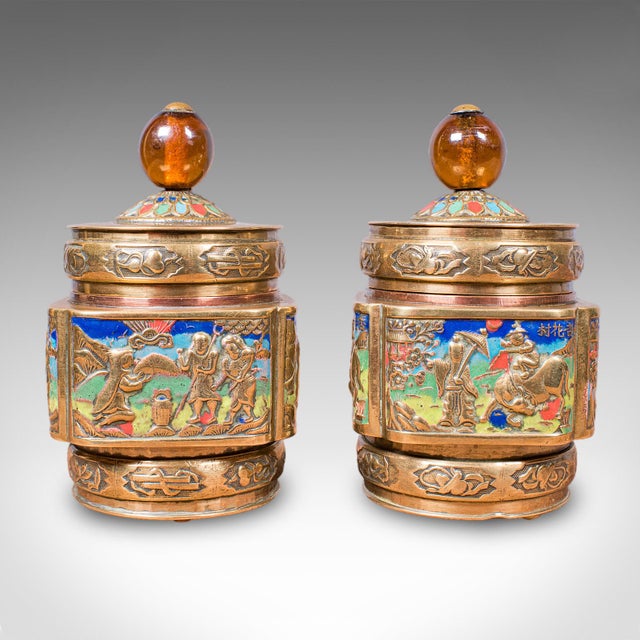 Traditional Pair of Small Antique Champleve Tea Caddies, Oriental Spice Pot, Edwardian, 1910 For Sale - Image 3 of 12
