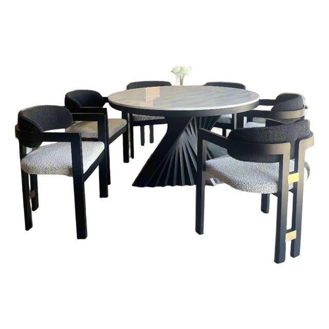 Conan Round Marble Top Black Dining Table Set for 6 with Black and White Chairs For Sale