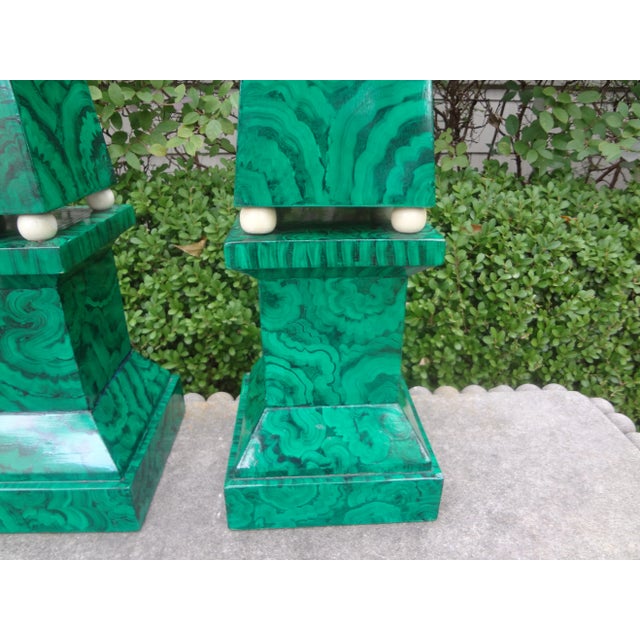 Pair of Large Carved Wood Faux Malachite Obelisks For Sale - Image 4 of 12