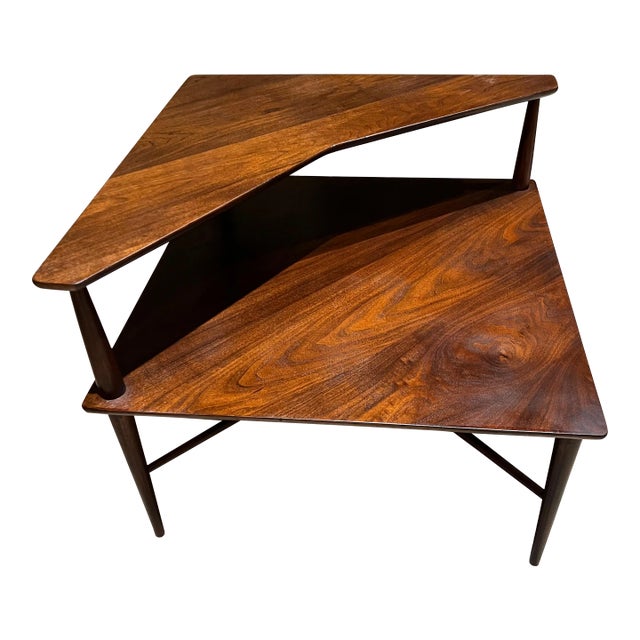 1950s Vintage Heritage Henredon Tiered Corner End Table in Walnut Wood For Sale