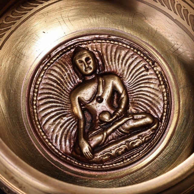 Metal Vintage Tibetan Singing Bowl With Wooden Mallet & Script For Sale - Image 7 of 9