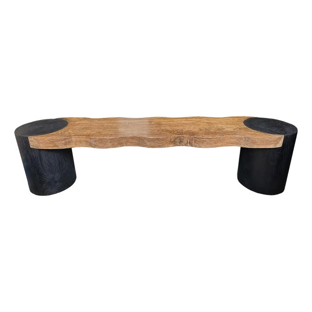Modern Organic Sculptural Teak Wood Bench in Burnt & Natural Finish For Sale