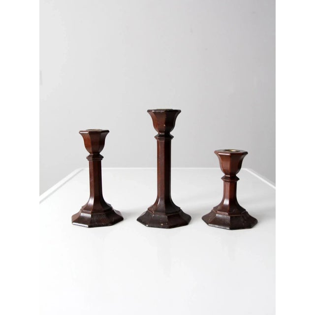 Brown Vintage Wood Candlestick Holders Set of 3 For Sale - Image 8 of 11