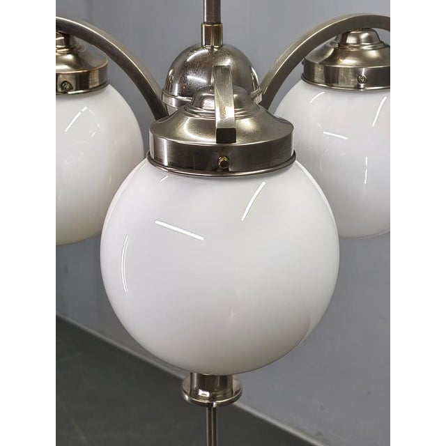 1930s Art Deco Nickel Chandelier with Opaline Glass Globes, 1930s For Sale - Image 5 of 14