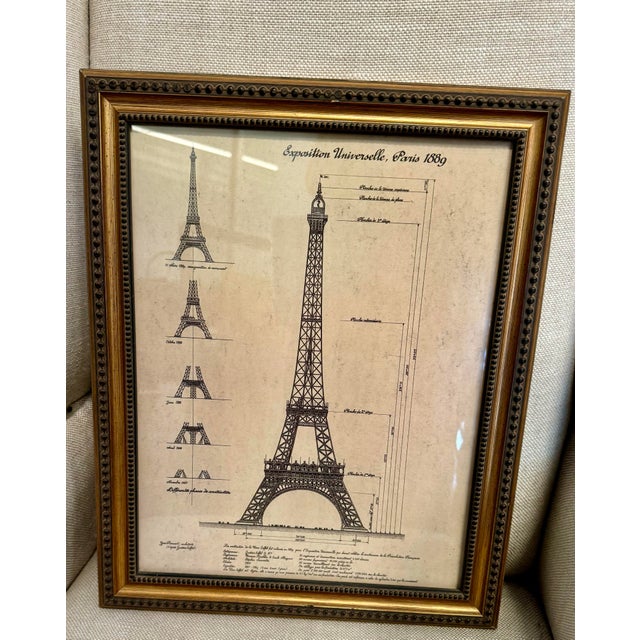 Vintage framed ”Exposition Universelle of Paris”1889 reproduction print of the Eiffel Tower elevation plans.