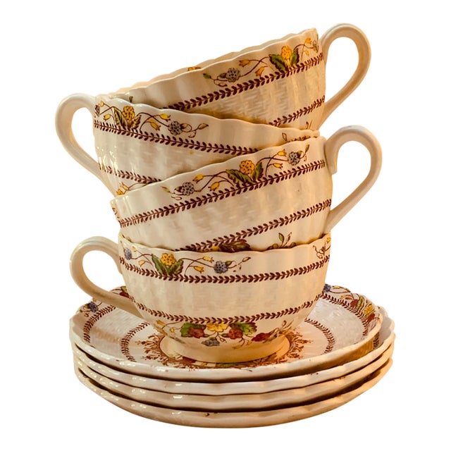 1930s Spode Cowslip Basketweave Brown and Cream Ceramic Teacups and Saucers, Set of 4 For Sale