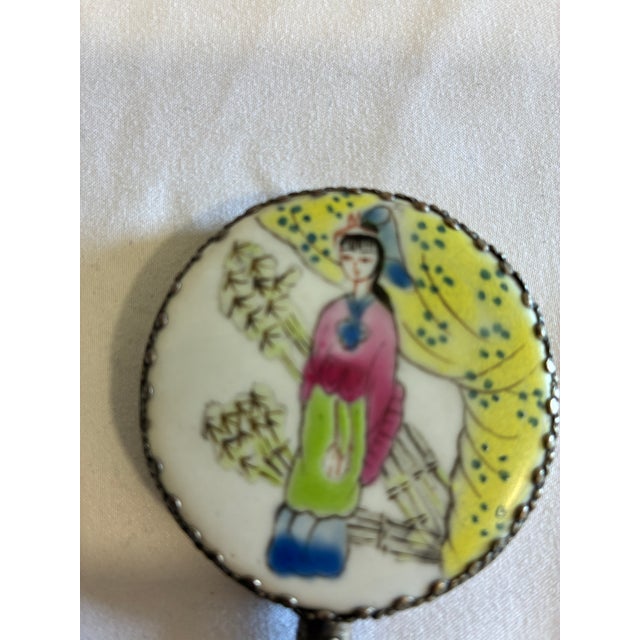 Vintage Hand Mirror With Jade Handle & Hand-Painted Asian Scene For Sale - Image 4 of 11