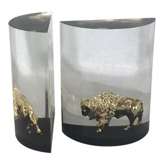 Hollywood Regency Gold Buffalo Lucite Bookends - a Pair For Sale