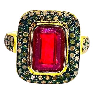 Bochic “Capri” Vintage Ruby & Natural Diamonds Ring Set In 18K Gold & Silver For Sale