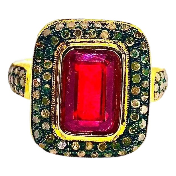 Bochic “Capri” Vintage Ruby & Natural Diamonds Ring Set In 18K Gold & Silver For Sale