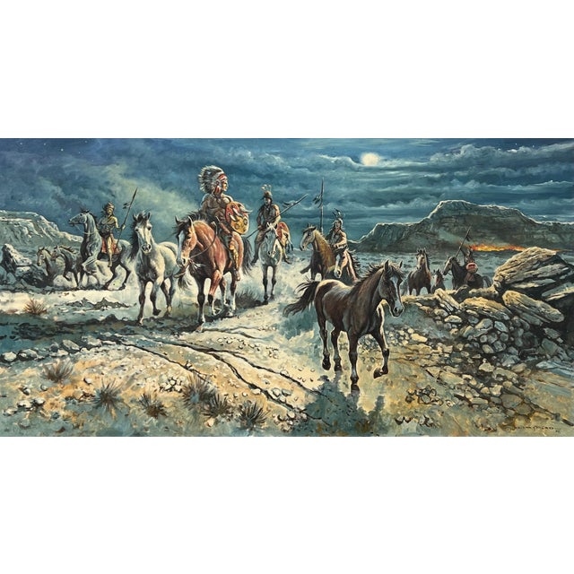 Native American Indian Warriors on Horseback with Dramatic Moonlit Landscape 1997 For Sale
