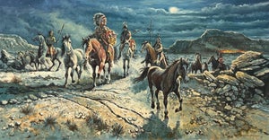 Native American Indian Warriors on Horseback with Dramatic Moonlit Landscape 1997