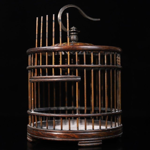 Mid 20th Century Vintage Chinese Huali Rosewood Cricket Cage | Round Cage With Brass Hook & Inlay For Sale - Image 5 of 11