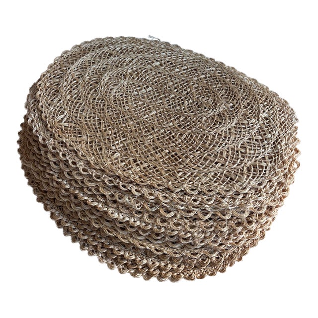 Vintage Mid Century Modern Handwoven Raffia Placemats Oval Scalloped Edge Boho Coastal Set of 16 For Sale