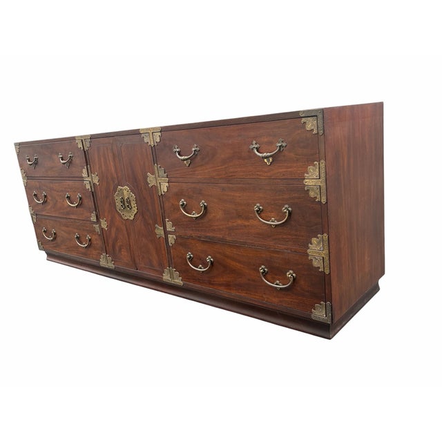 1970s Vintage 80” MCM Henredon Pan Asian Brass Mounted Credenza Dresser For Sale - Image 5 of 11
