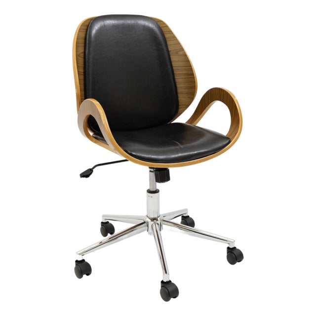 Retro Style Wood and Leather Swivel Office Chair For Sale