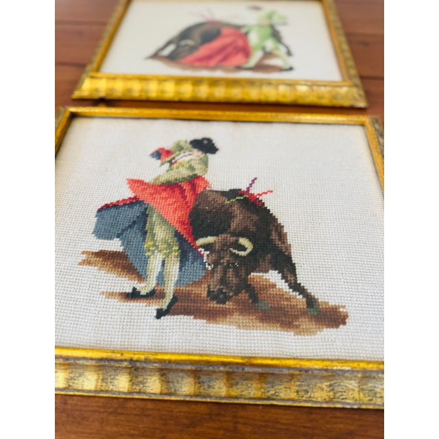 Unique vintage pair! Professionally Framed pair of bull fighting needlepoints. Bulls and matadors needlepoint....