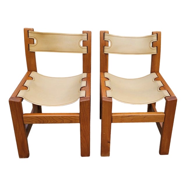 Set of Chairs in Elm and Cream Leather from Maison Regain For Sale