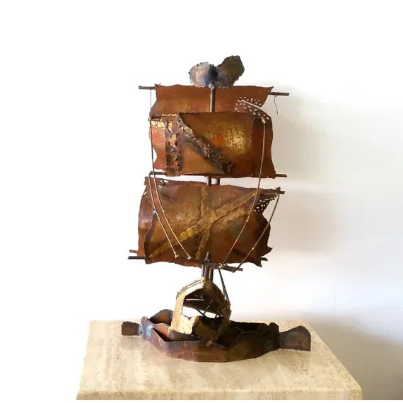 Brutalist Metal Sailboat Sculpture Mid Century Modern All hand forged and welded. Very unique and dramatic. It measures...