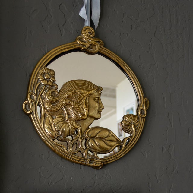 Brass Brass Art Nouveau Round Mirror of Woman With Flowers For Sale - Image 8 of 10