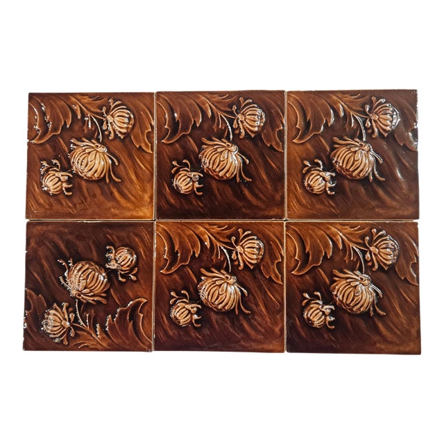 6 Stunning Embossed Chrysanthemum Tiles For Sale