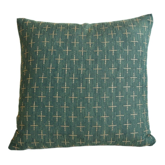 Custom-tailored reversible pillow in designer woven green and gold linen and cotton blend fabric. Same fabric on reverse....
