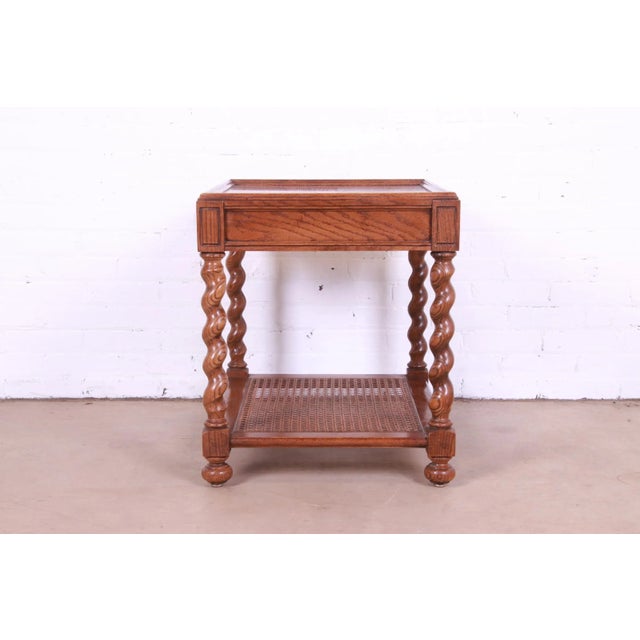 1970s Baker Furniture English Barley Twist Oak, Burl - and Cane Tea Table For Sale - Image 12 of 13