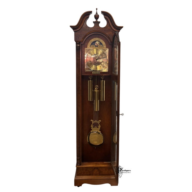 Wood Vintage Howard Miller Traditional American Style Mahogany & Burl Wood Grandfather Clock For Sale - Image 7 of 11
