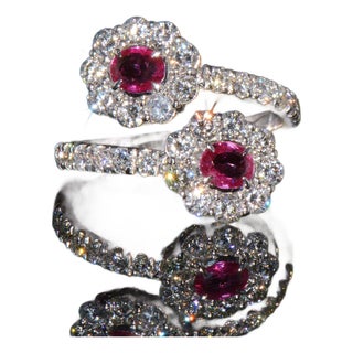 Certified Natural 2.08cts Ruby & Diamond Floral Bypass Halo Ring in Solid 18k White Gold, Size 5.5 For Sale