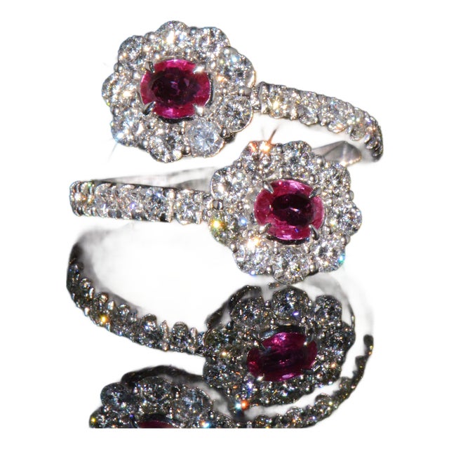 Certified Natural 2.08cts Ruby & Diamond Floral Bypass Halo Ring in Solid 18k White Gold, Size 5.5 For Sale