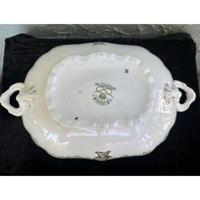 Antique Haviland Limoges Covered Serving Dish With Underplate – Green & Gilt Transferware For Sale - Image 9 of 10